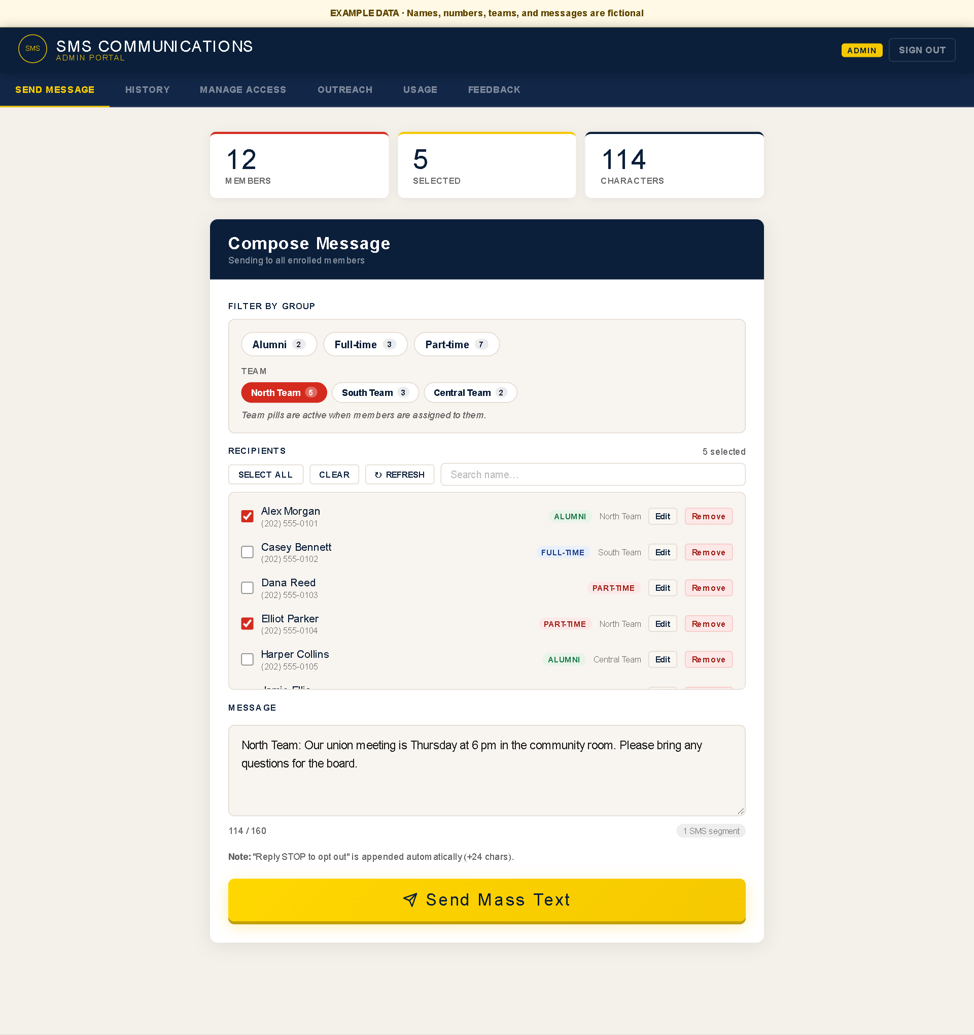 SMS Communications Admin Portal showing Alumni, Full-time, and Part-time audience groups, selected recipients, and a draft message, all with fictional data.